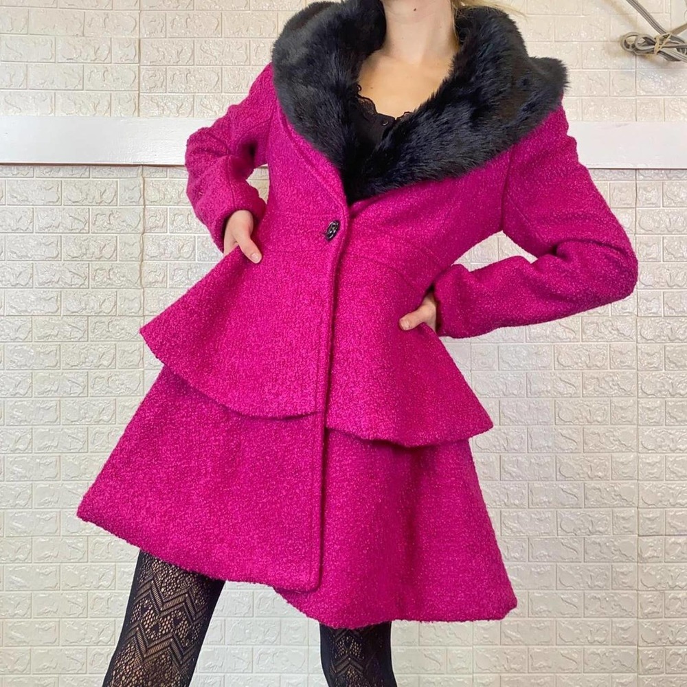 Vintage Liyoumei Fushi pink A-Line ruffled fur collar suit jacket